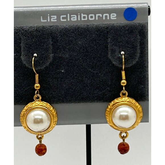Liz Claiborne Jewelry - Liz Claiborne Vintage Gold-Toned Faux Pearl with Bead Dangle Earrings For Women